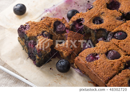 Blueberry square bars on paper baking sheet 48302720