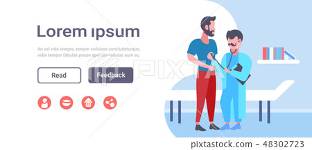 male doctor examining male patient by stethoscope checking heart beat or breath medicine healthcare 48302723