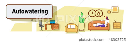 woman sitting couch using auto watering application smart house technology system concept modern 48302725