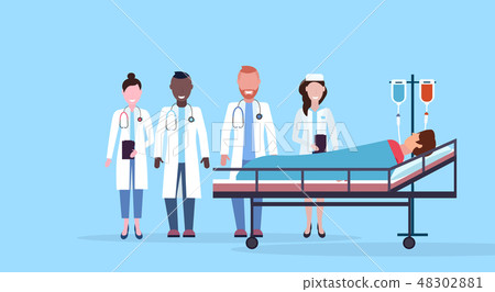 mix race doctors team visiting patient man lying bed intensive therapy ward healthcare concept 48302881