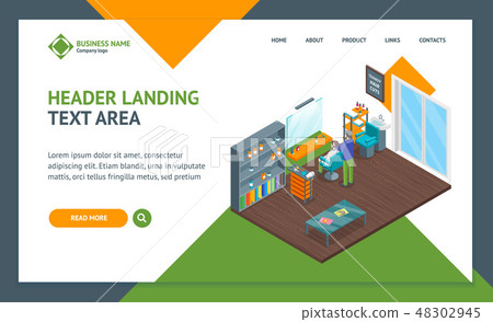 Haircut Room Interior Landing Web Page Template Isometric View. Vector 48302945