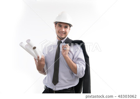Asian engineer or architect holding blueprint Asian engineer or architect holding blueprint 48303062