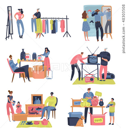 Flea market. People shopping selling second hand retro goods clothes swap meet bazaar. Fleas market Flea market. People shopping selling second hand retro goods clothes swap meet bazaar. Fleas market 48303508