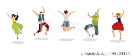 Jumping people. Energetic excited guy jump friends rejoice group teens crowd young happy students 48303554