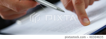 Male arm in suit offer contract form on 48304635