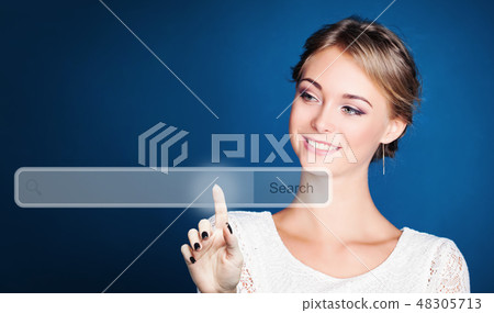 Happy woman pointing to empty address bar Happy woman pointing to empty address bar 48305713