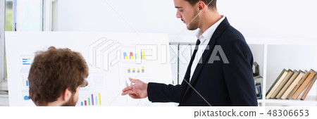 Group of people deliberate on white board Group of people deliberate on white board 48306653