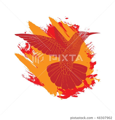 Background with flying colibri bird on flame brush spots. Vector illustration. 48307902