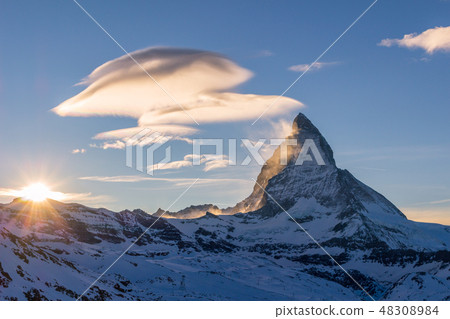 Matterhorn Mountain at Sunny Winter Evening. Sunset Matterhorn Mountain at Sunny Winter Evening. Sunset 48308984