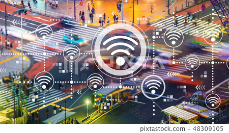 Wifi concept with city traffic intersection Wifi concept with city traffic intersection 48309105