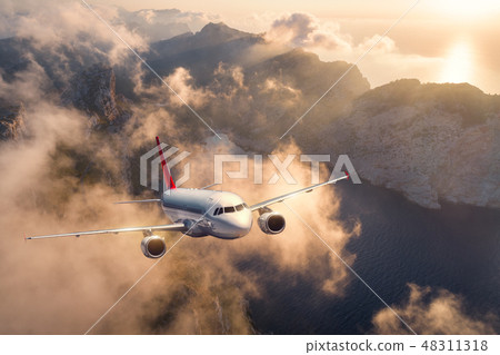 Airplane is flying over mountains and low clouds  48311318