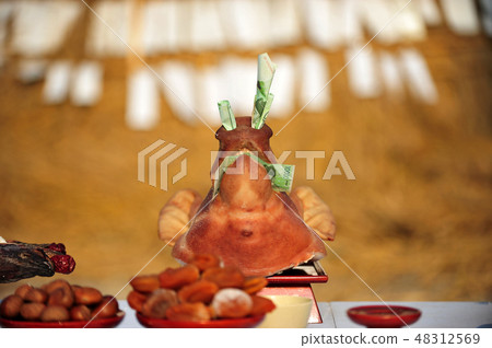 韓國新年神童著名的豬頭和韓國貨幣 48312569