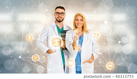Doctor with Medical Healthcare Graphic in Hospital Doctor with Medical Healthcare Graphic in Hospital 48313755