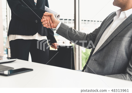 Businessman handshake businesswoman in office. Businessman handshake businesswoman in office. 48313961