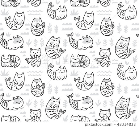 Ink seamless pattern with cute cats mermaids in the underwater world Ink seamless pattern with cute cats mermaids in the underwater world 48314838