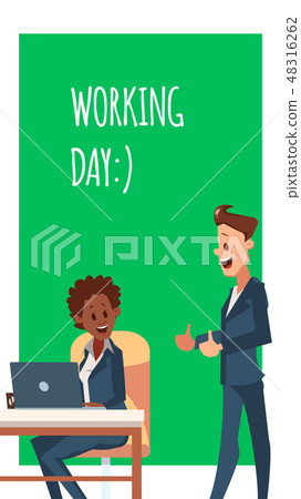 Happy Office Worker Man and Woman Work by Laptop Happy Office Worker Man and Woman Work by Laptop 48316262