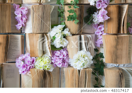 Background opened books on the wall and flowers Background opened books on the wall and flowers 48317417