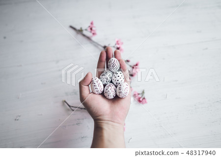 Pink flower And white eggs pattern spring concept Pink flower And white eggs pattern spring concept 48317940