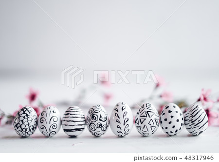 Pink flower And white eggs pattern spring concept Pink flower And white eggs pattern spring concept 48317946