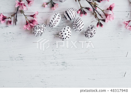 Pink flower And white eggs pattern spring concept Pink flower And white eggs pattern spring concept 48317948