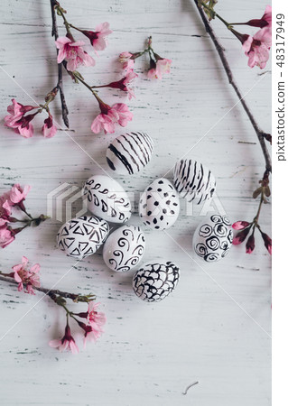 Pink flower And white eggs pattern spring concept Pink flower And white eggs pattern spring concept 48317949