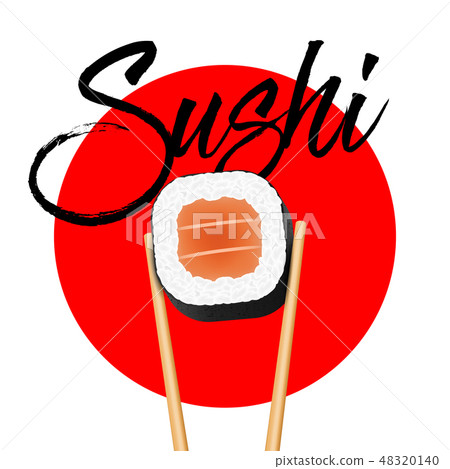 Creative vector illustration of chopsticks holding sushi salmon pieces roll isolated on transparent 48320140