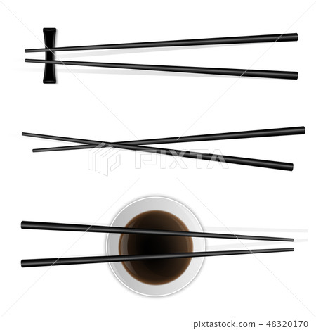 Creative vector illustration of sushi food chopsticks set with soy sauce isolated on transparent 48320170