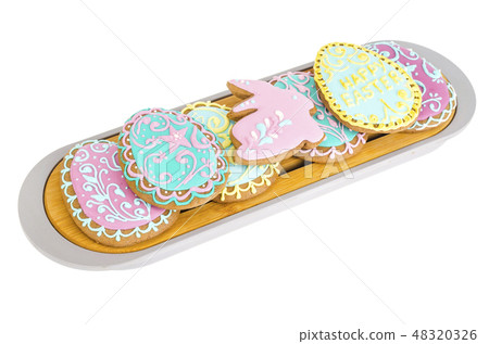 Homemade cakes, gingerbread cookies in shape of Easter eggs with icing. Homemade cakes, gingerbread cookies in shape of Easter eggs with icing. 48320326