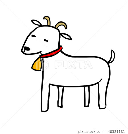 White goat with red collar and yellow bell White goat with red collar and yellow bell 48321181