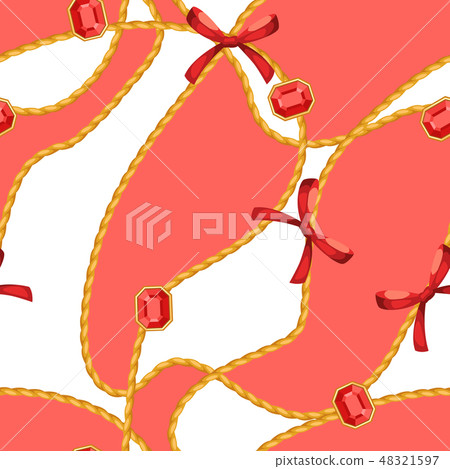Seamless pattern with golden chains and gem stones. Seamless pattern with golden chains and gem stones. 48321597