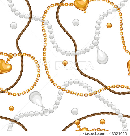 Seamless pattern with golden chains and pearls. Seamless pattern with golden chains and pearls. 48321623