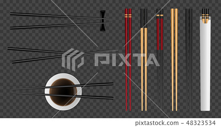 Creative vector illustration of sushi food chopsticks set with soy sauce isolated on transparent 48323534