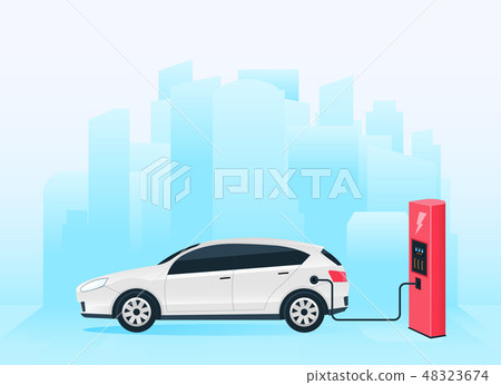 Creative vector illustration of electric charging future car, charger station isolated on 48323674