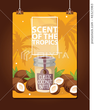 Coconut vector tropical organic food nutrition exotic drink in glass jar on beach backdrop nuts 48323963