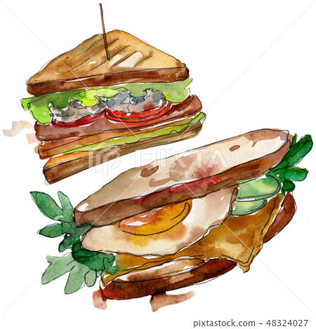 Sandwich in a watercolor style isolated set. Watercolour fast food illustration element on white 48324027