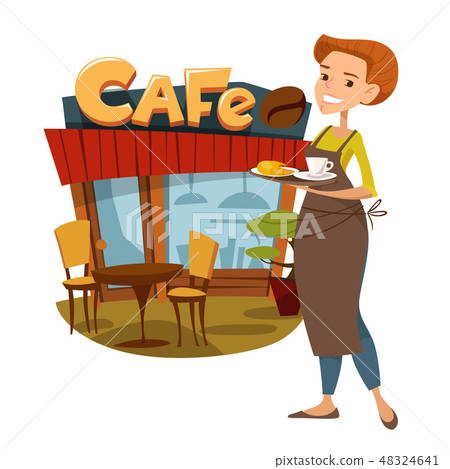 Vector illustration of a cute female waiter standing near a cafe. Vector illustration of a cute female waiter standing near a cafe. 48324641