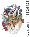 Beautiful fox in a wreath of wild flowers. Watercolor illustration for greeting card, poster, or 48326926