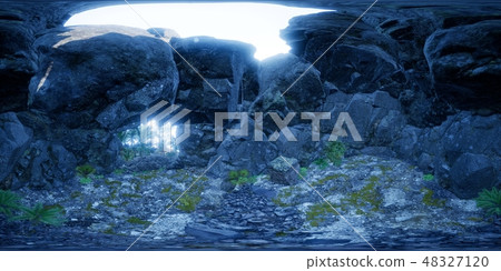 vr 360 camera inside tropical cave in jungle  48327120