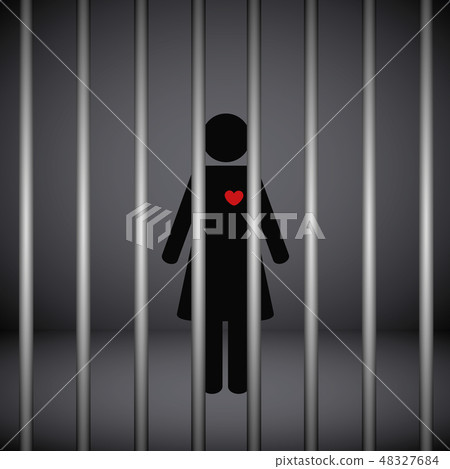woman with red heart in jail on dark background woman with red heart in jail on dark background 48327684
