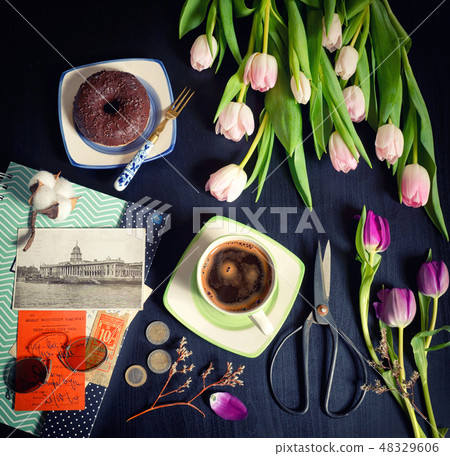 Vintage morning coffee and tulips 48329606