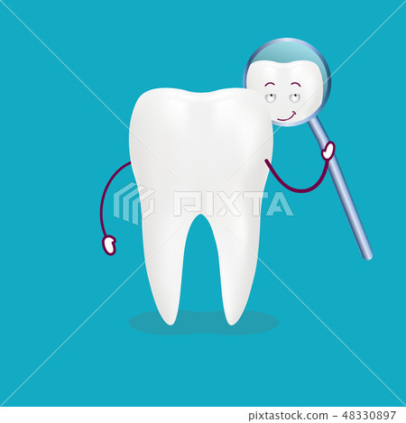 Cute Cartoon Tooth With Inspection Mirror Isolated On A Background. Vector Illustration. 48330897