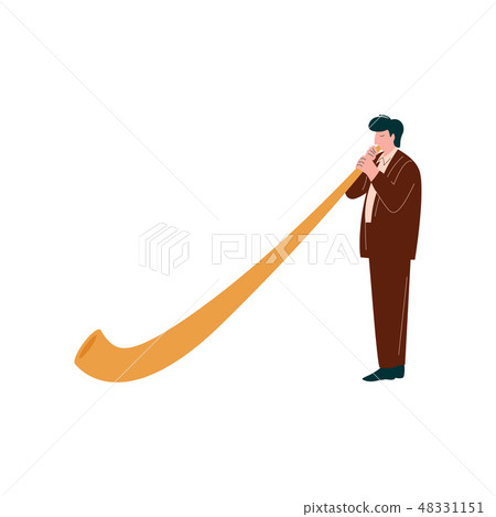 Man Playing Traditional Alpine Horn, Musician Playing Woodwind Instrument Vector Illustration 48331151