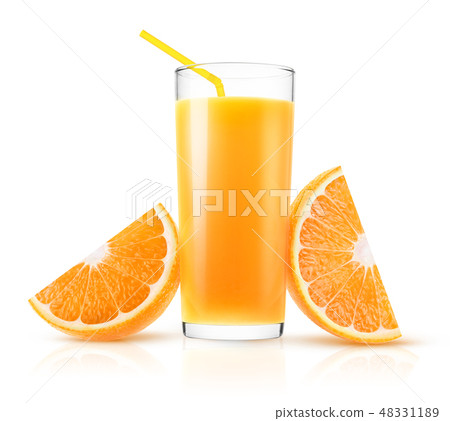 Isolated orange juice and fruit wedges Isolated orange juice and fruit wedges 48331189