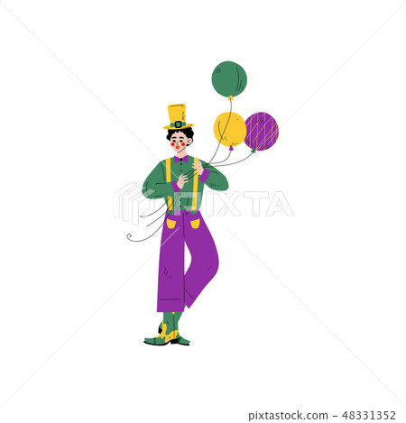 Young Man in Bright Traditional Mardi Gras Costume Celebrating Carnival Party with Balloons Vector 48331352