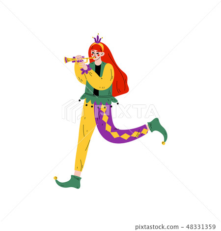 Beautiful Woman in Bright Traditional Mardi Gras Costume Playing Trumpet, Girl Celebrating Carnival 48331359
