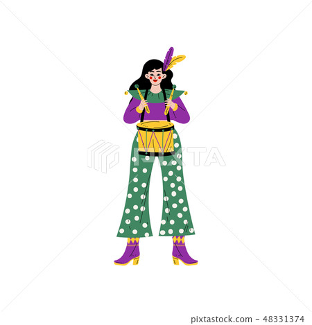 Beautiful Woman Wearing Bright Traditional Mardi Gras Costume Playing Drum, Girl Celebrating 48331374