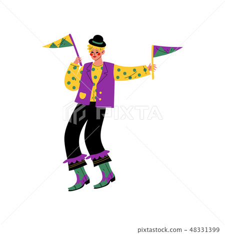 Young Man Wearing Bright Traditional Mardi Gras Costume, Guy Celebrating Carnival Party with Flags 48331399