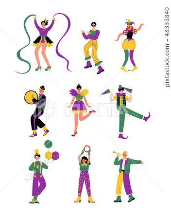 Circus Artists Set, Comedian Performer in Bright Colorful Costumes Performing at Show Vector Circus Artists Set, Comedian Performer in Bright Colorful Costumes Performing at Show Vector 48331840