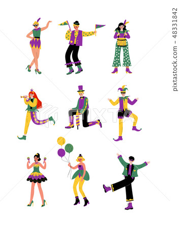 Circus Artists Set, Stage Comedian Performer in Bright Costumes Performing at Show Vector 48331842