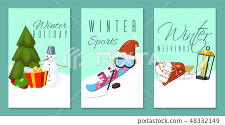 Winter holidays and weekends set of banners, cards vector illustration. Nature landscape with Winter holidays and weekends set of banners, cards vector illustration. Nature landscape with 48332149